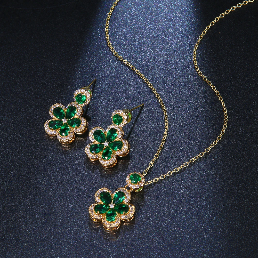 JMK Модные Зеленые циркониевые Позолоченные Ювелирные наборы для женщин цветок ожерелье серьги наборы Рождественский подарок Свадебная вечеринка эффектные