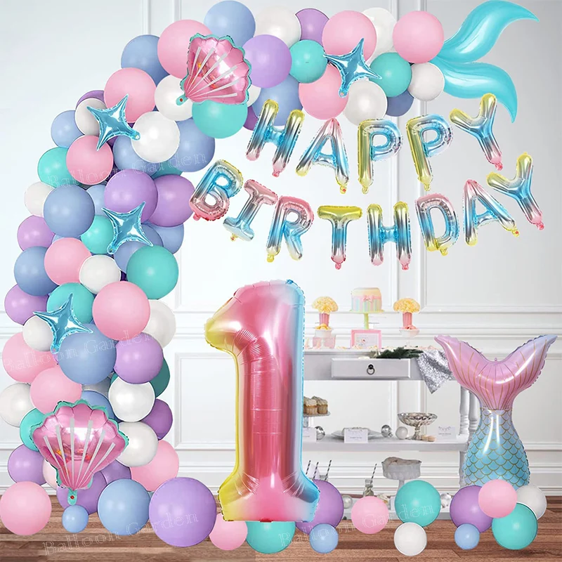 

130pcs Rainbow 1st 2nd 5th Happy Birthday Girl Little Mermaid Tail Latex Balloon Arch Kit Party Decoration Anniversaire Globos