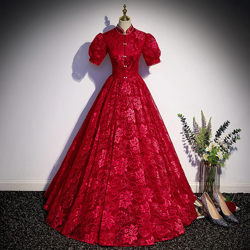 

Вечернее Платье бордовое кружевное с высоким воротником, короткими рукавами-фонариками, со складками, трапециевидной формы, в пол, женское платье для вечерние, B2326