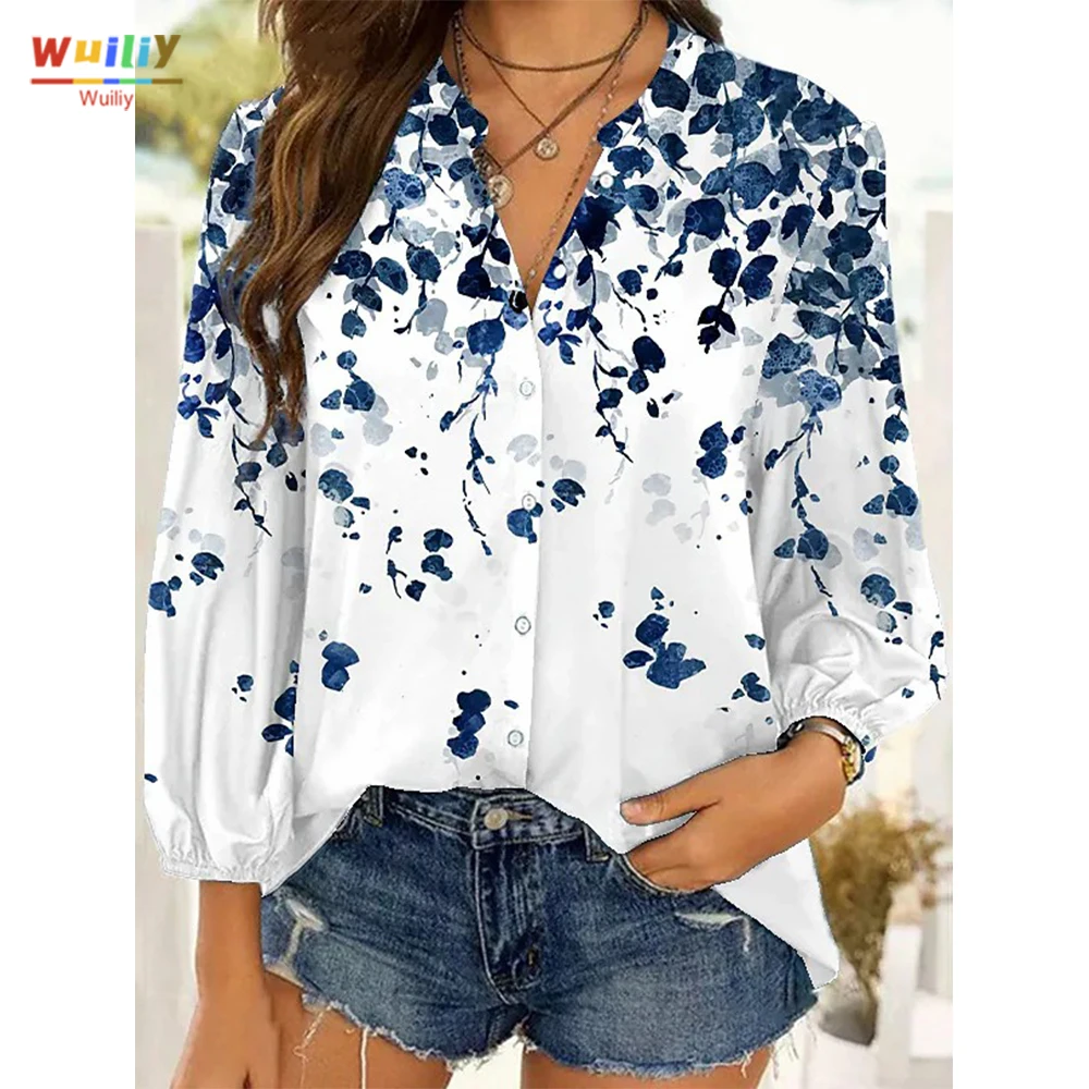 

Women's Blue Flower Graphic Theme Blouse Shirt Button Floral Print T-Shirt Collar Casual Streetwear Top Pattern Long Sleeves