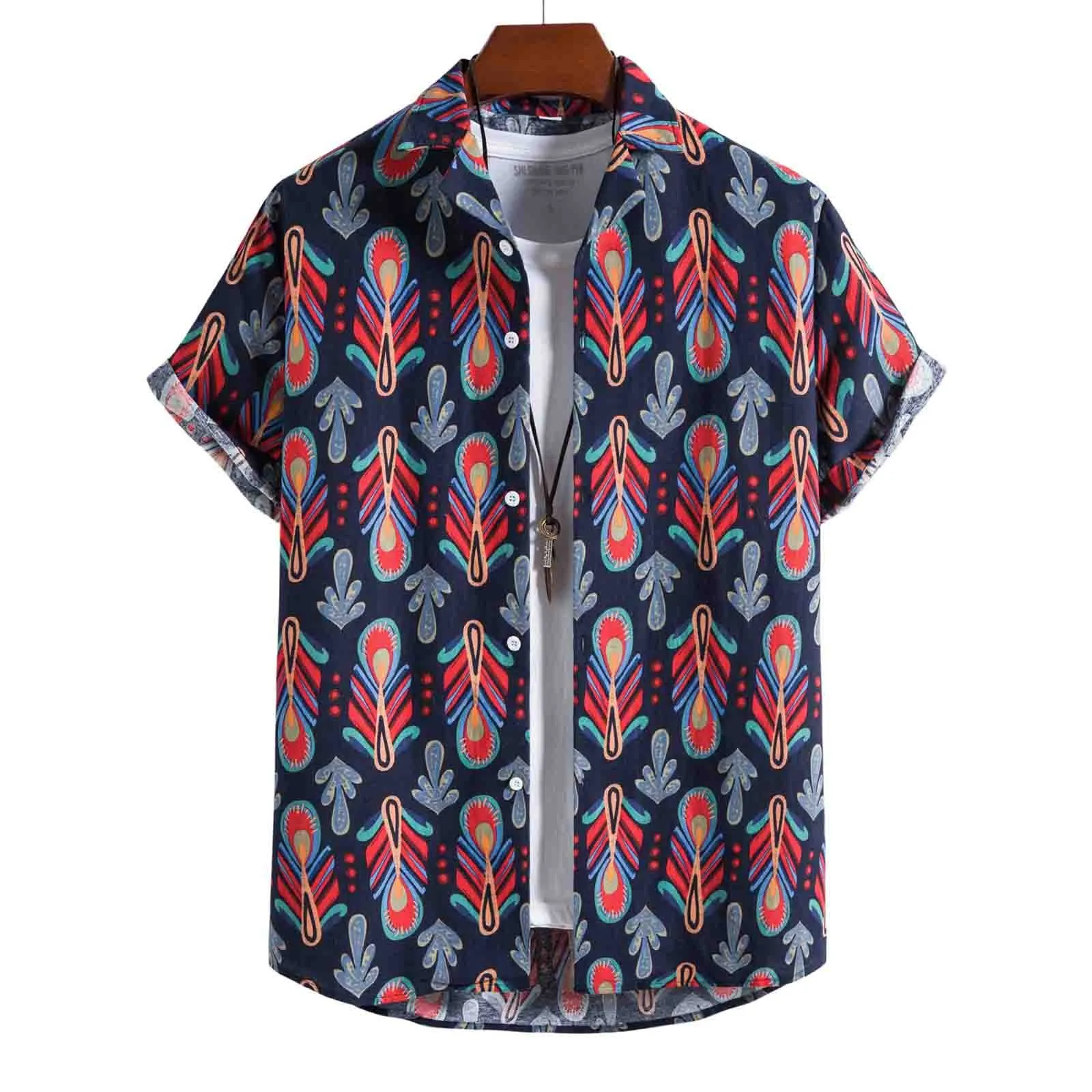 

Male Spring And Summer Single Breasted Shirts Linen Casual Print Lapel Beach Short Sleeve Vacation Outdoor Party Button Blouses