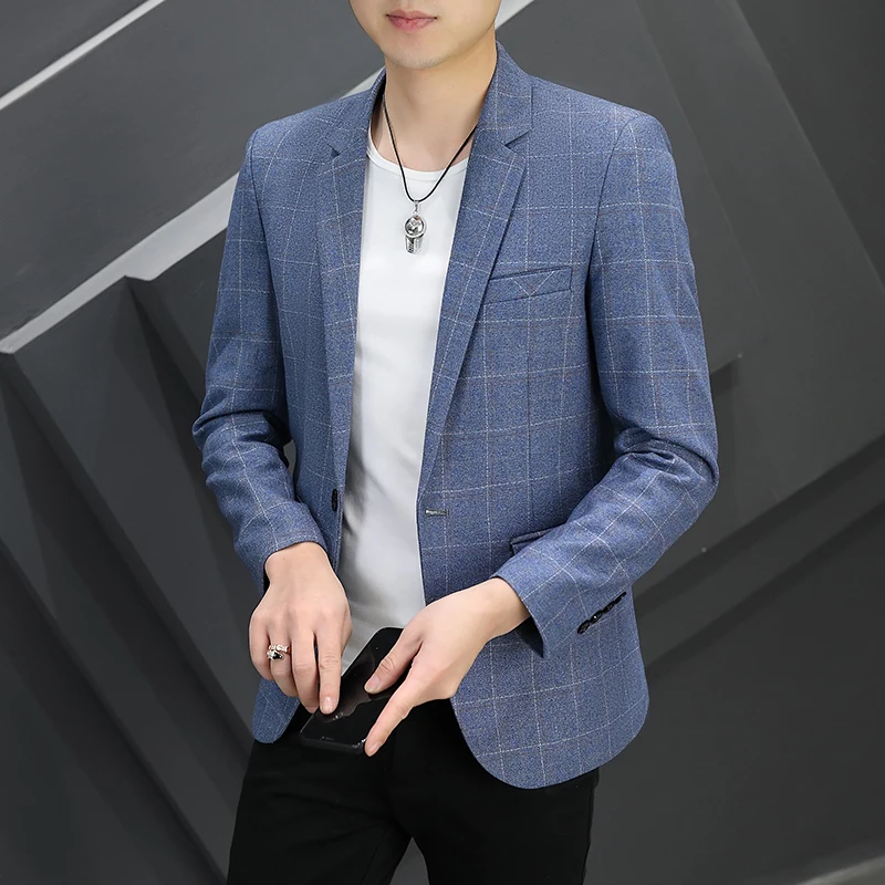 

Spring and Autumn Men's New Trend Office Professional Wear 2022 New Trend Fashion Casual Coat Single West Plaid Blue Host 4XL