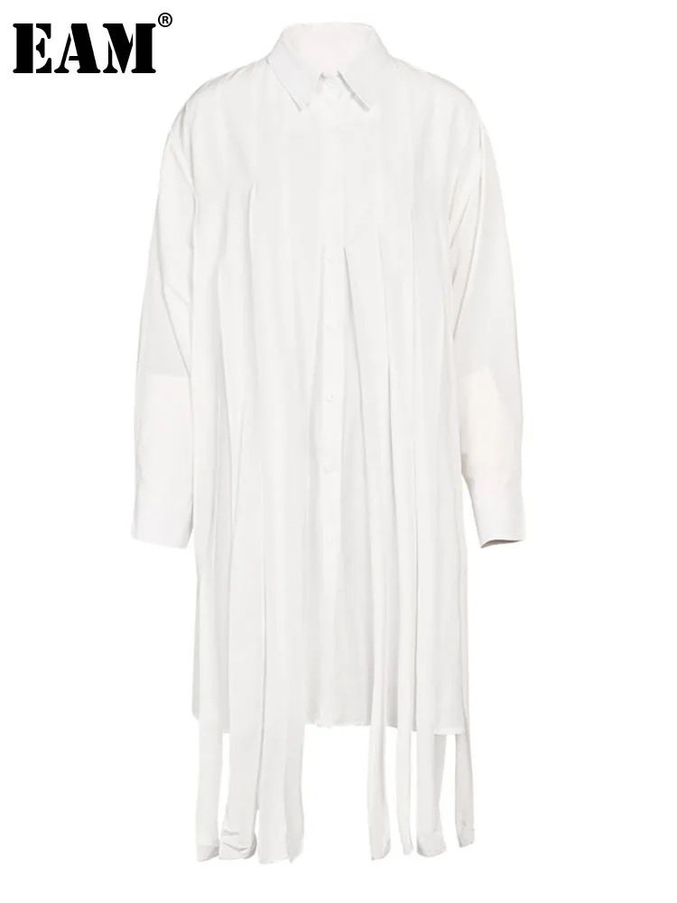[EAM] Women White Tassels Big Size Long Shirt Dress New Lapel Long Sleeve Loose Fit Fashion Tide Spring Autumn 2023 CP138500