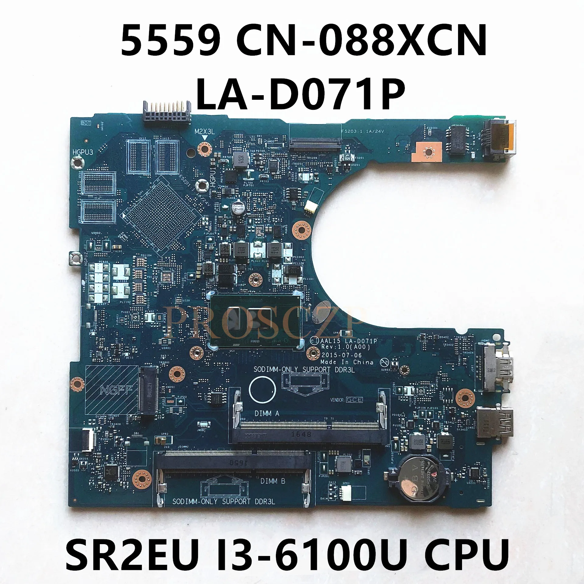 

CN-088XCN 088XCN 88xcn материнская плата для ноутбука DELL 5559, материнская плата с процессором SR2EU I3-6100U, 100% протестирована, работает хорошо