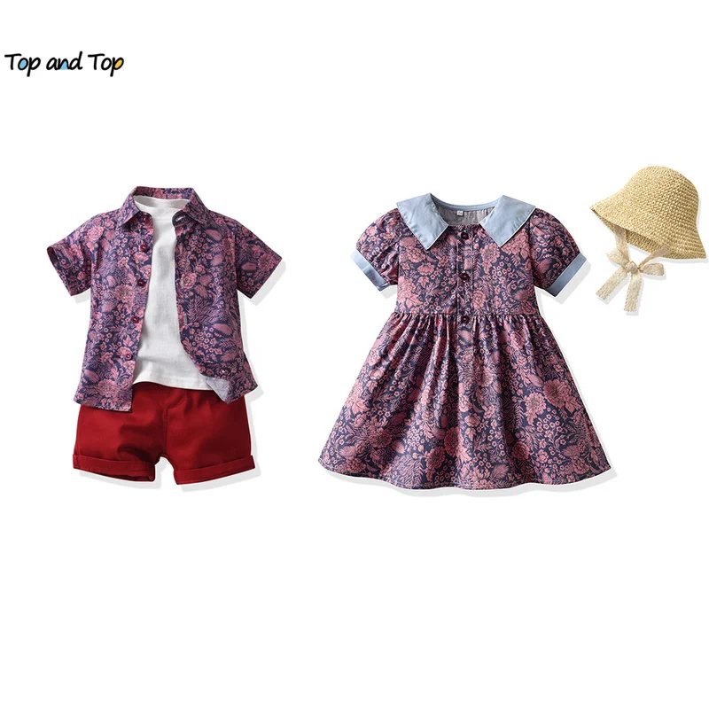 

top and top Summer Fashion Hawaii Brother and Sister Matching Outfits Kids Boys Gentleman Clothing Sets Chidren Girls Dresses