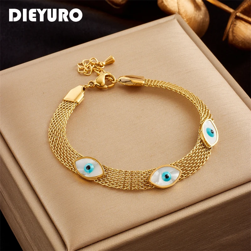 

DIEYURO 316L Stainless Steel Eye Shape Charm Bracelet For Women Fashion Girls Wide Web Chain Wrist Jewelry Party Birthday Gifts