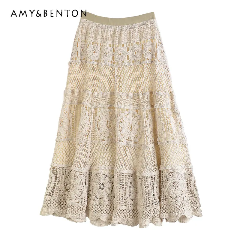 

Spring 2023 New Slimming Long A-line Large Hem Elastic High Waist Wool Crocheted Hollow-out Midi Calf Skirt For Women's Clothing