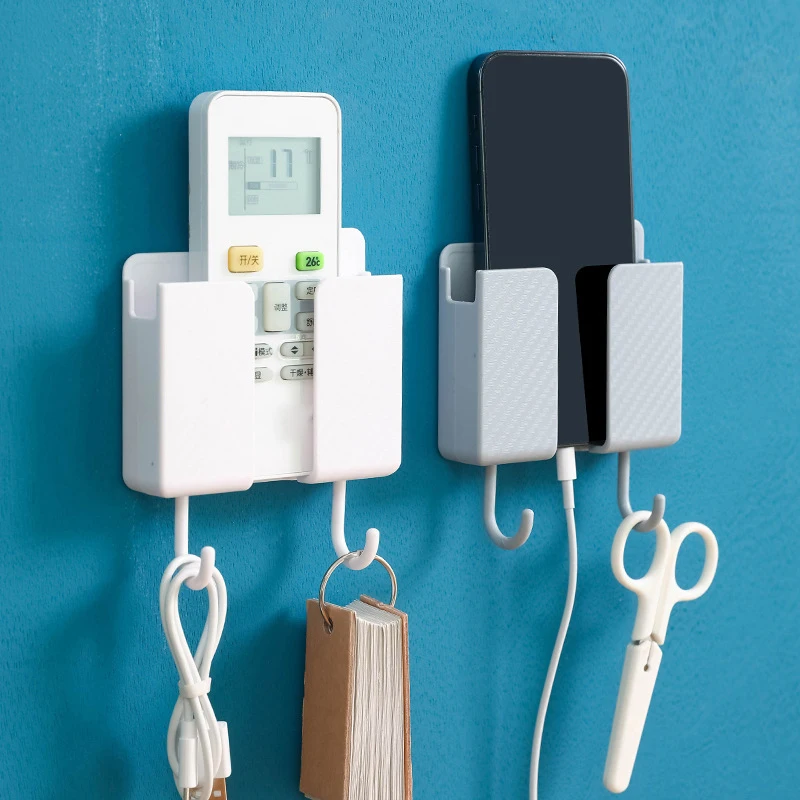 

Wall Mounted Organizer Remote Control Storage Box Punch Free Mobile Phone Storage Rack Storage Box Rack with 2 hooks