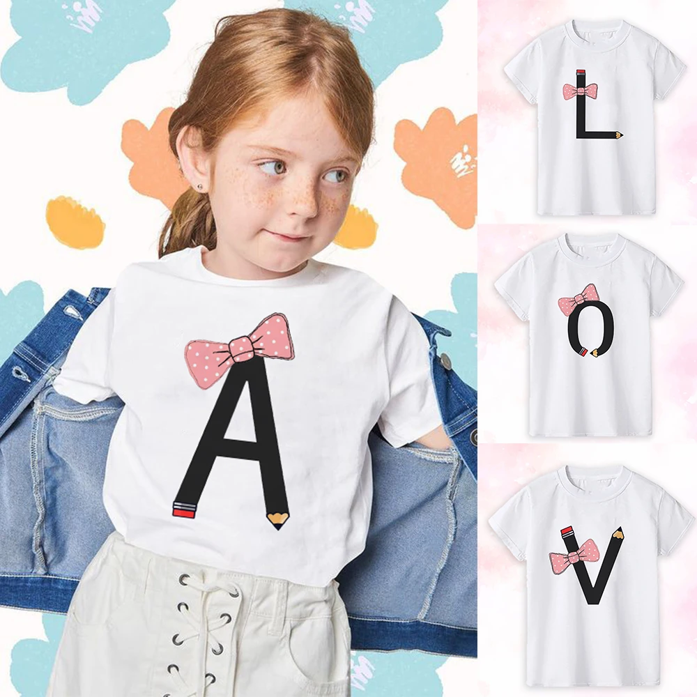 Letter A-Z Pencil Bowknot School Kids Summer Tshirt Back To School Short Sleeve Alphabet Girl Graphic Tee Childrens Clothes Gift