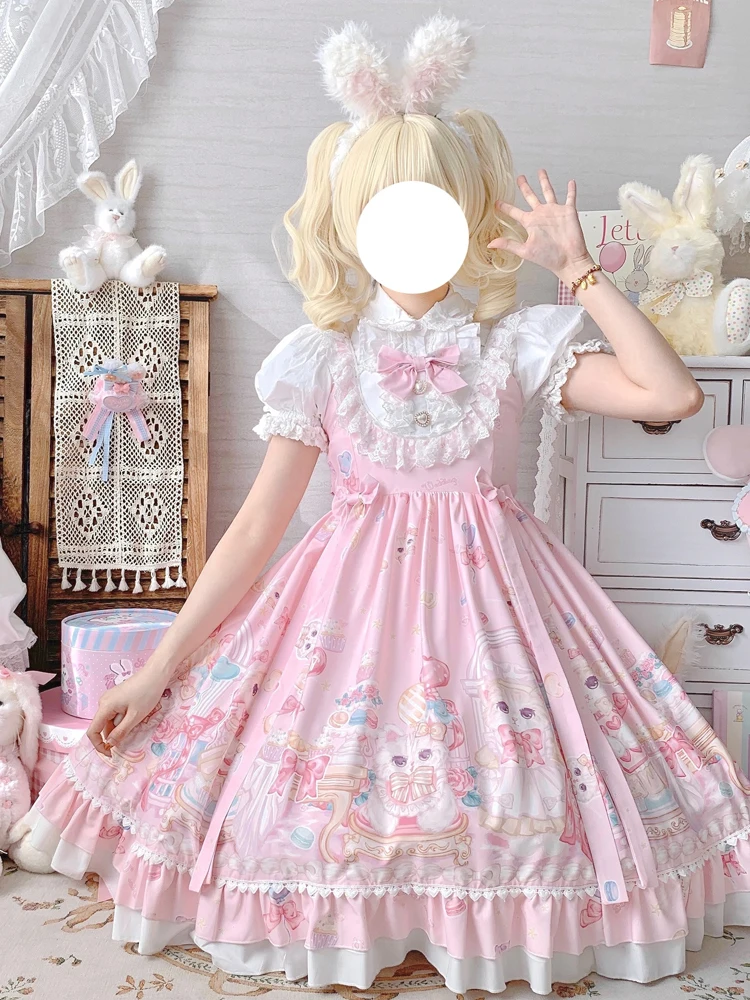 

Sweet Lolita Style Square Collar Cat Printing Designer JSK Dress Bow Sleeveless Lace Ruffles Lace Girly Camisole Dress