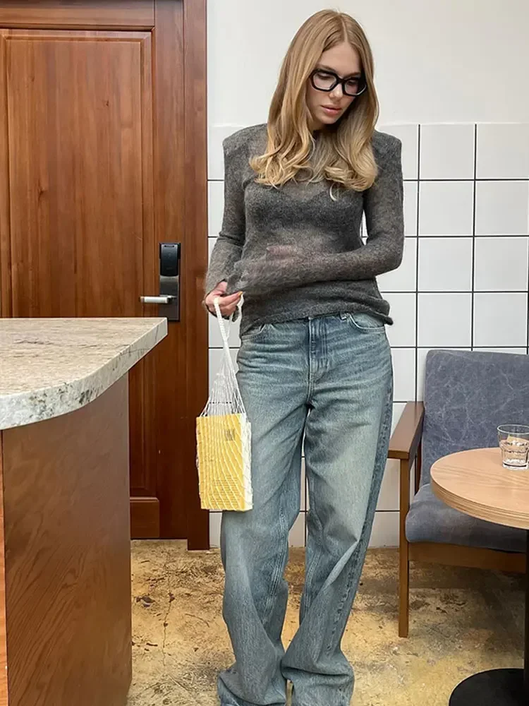 Модный однотонный вязаный свитер с круглым вырезом элегантный облегающий тонкий