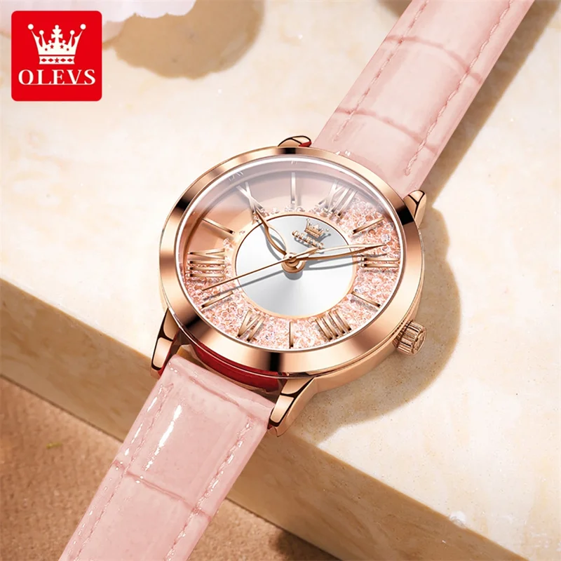 OLEVS New Luxury Fashion Women Flowing Diamond Dial Quartz Watch Simple Pink Leather Ladies Watch Girls Relogio Feminino enlarge