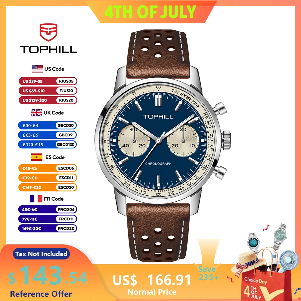 Фото Мужские механические часы TOPHILL Vintage Racing Chronograph ST1901 Seagull Movt. Военный кожаный ремешок Pilot Military с сапфировым стеклом 5ATM TL027G №1