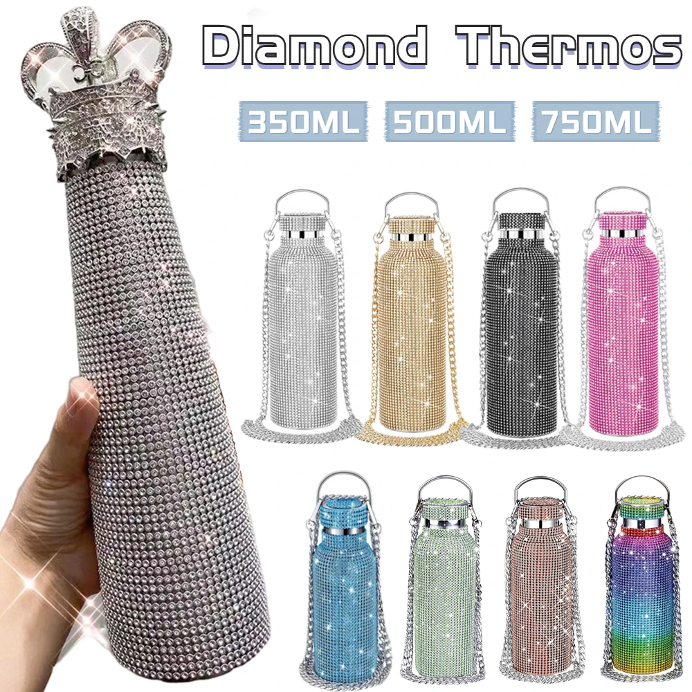 Portable Glitter Rhinestone Water Bottle Crossbody Stainless Steel Thermal Flask Crystal Bottle