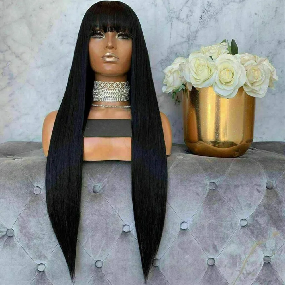 Brazilian Virgin Human Hair Full Machine Made Wigs With Bangs For Black Women Bone Silky Straight Wig Natural