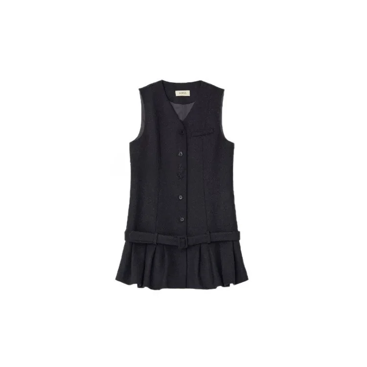 South korea Howus Autumn New Preppy Fleece Pleated Skirt V-neck Sleeveless Belt Dress Short dress Women