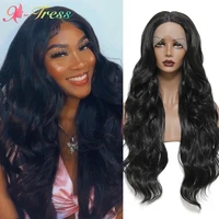 x tress synthetic lace front wigs for black women natural black 28inch long body wave middle part lace wig heat resistant fiber