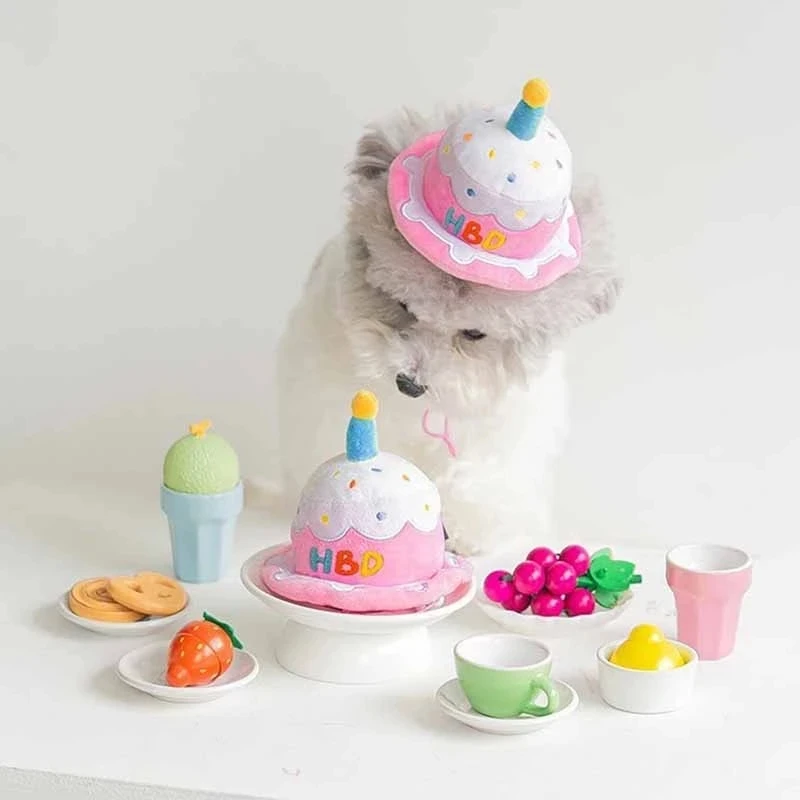 

New Pet Dog Plush Toy Dog Cat Happy Birthday Party Cake Dog Hat Cute Sounding Toys Puppy Training Toys for Small Dogs