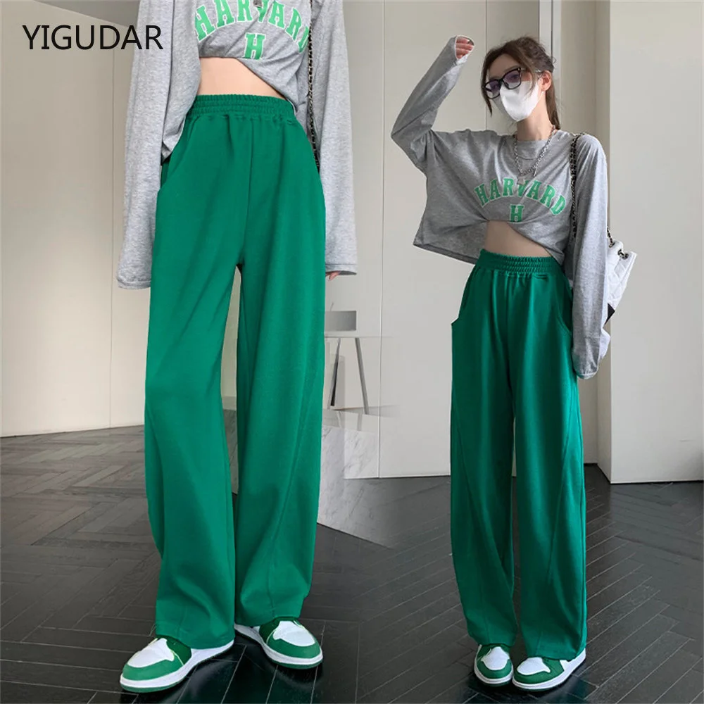 

Women Simply Solid Green Color Pockets Casual Straight Pants Female Chic Elastic Waist Lace Up Summer Long Trousers