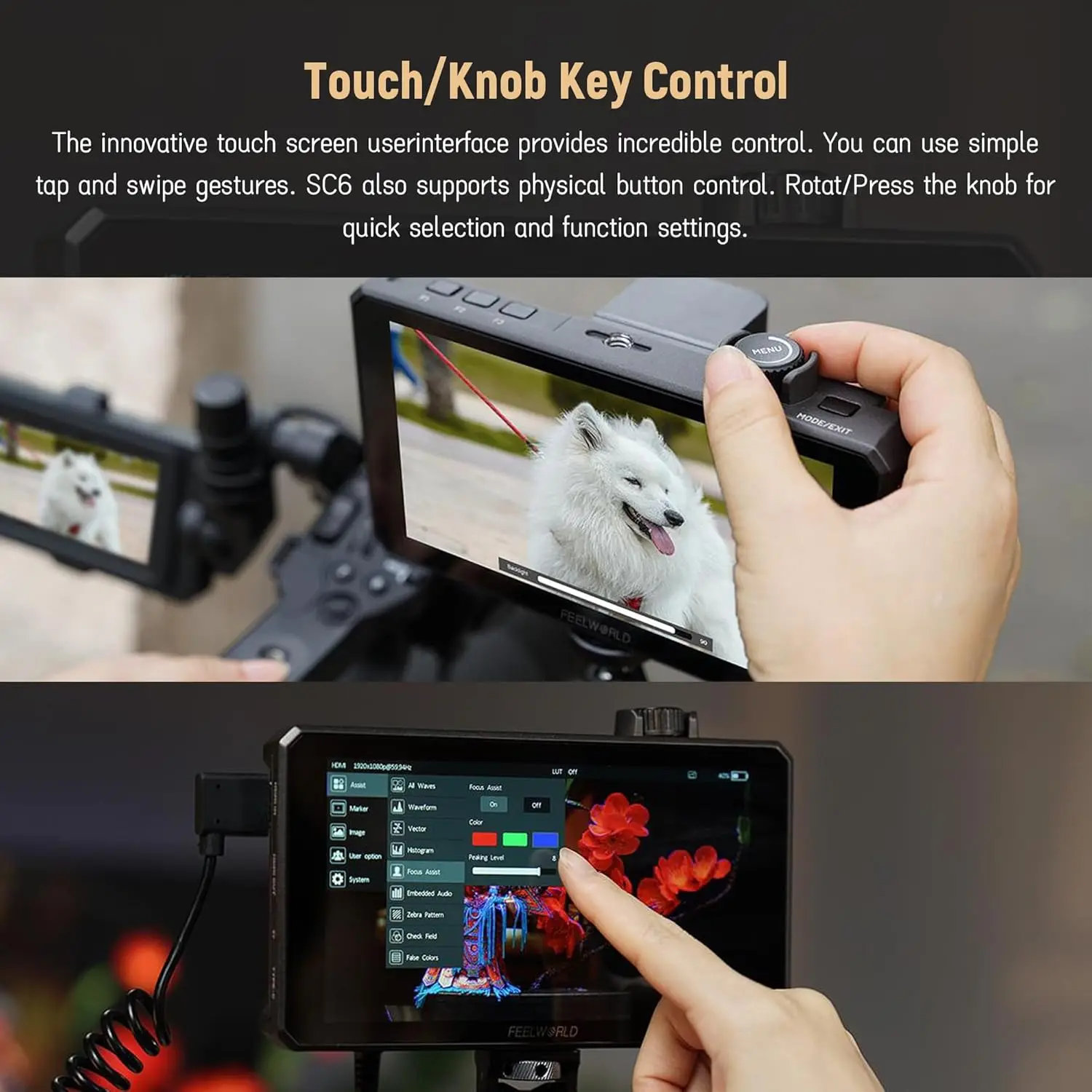 Фото Feelworld SC6 6 дюймов1500nit 1920*1080 монитор с сенсорным экраном 1000:1 контрастный HDMI/SDI яркий встроенный монитор с алюминиевым полем №4