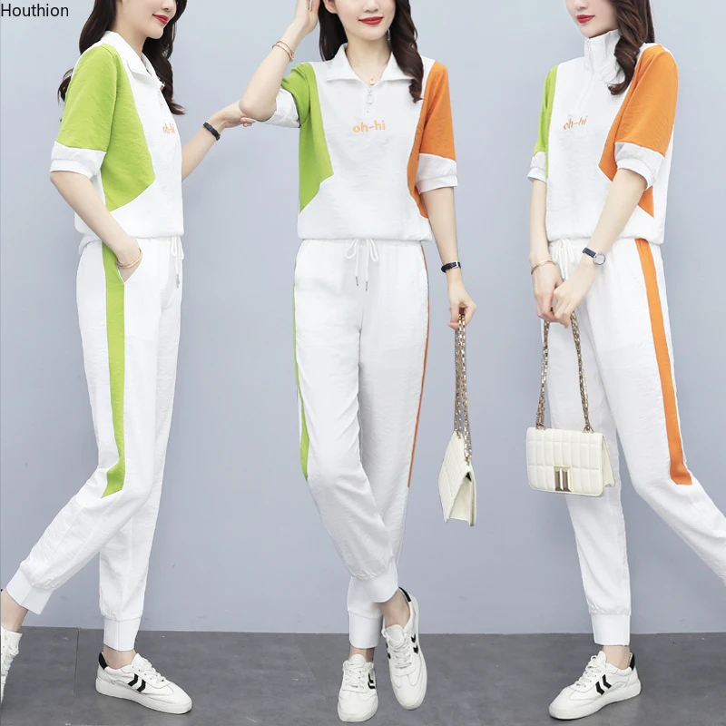 

Women Sporty Sets S Autumn O-neck Loose Short Sleeve Female Clothing Splicing Suit