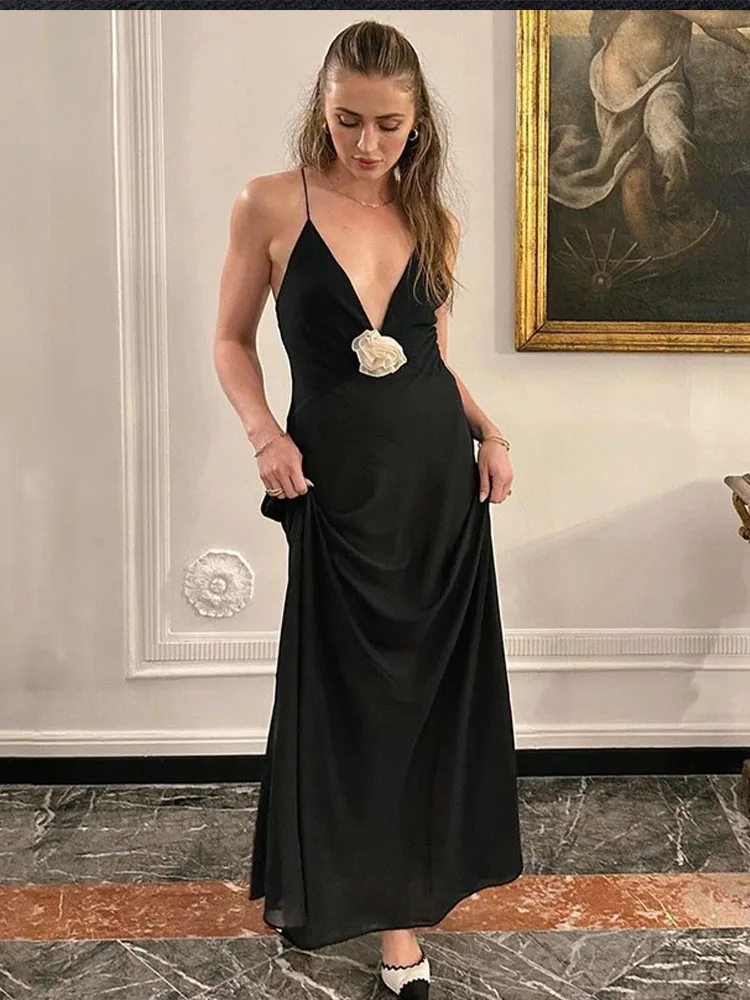 

Black 2023 summer temperament new elegant sexy backless chic flower deep V suspender dress women's robe