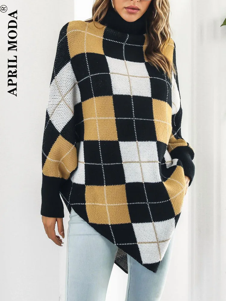 

Женский винтажный пуловер с рукавами «летучая мышь» и асимметричным подолом, Зимний пуловер с воротником под горло, вязаный джемпер большо...