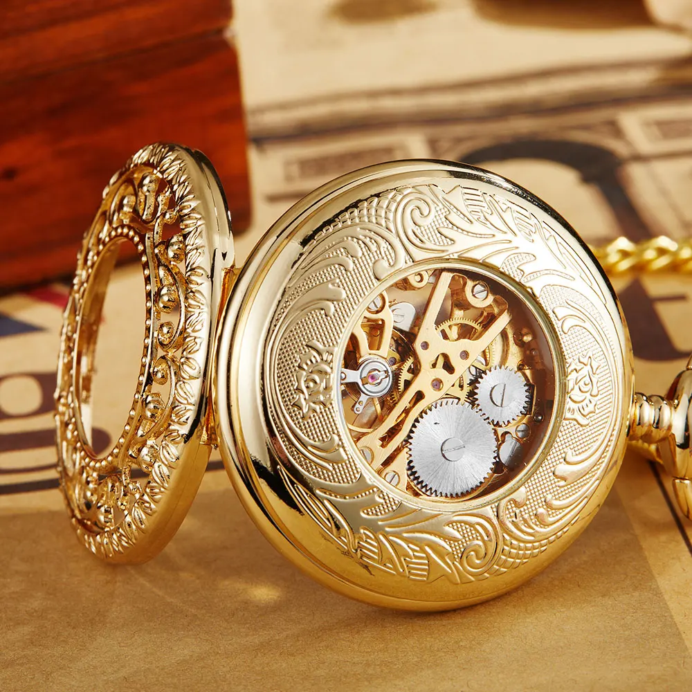 Antique Steampunk Mechanical Pocket Watch Necklace Hollow Skeleton Hand Wind Ancient Carved Fob Watch Pendant Chain Men Women