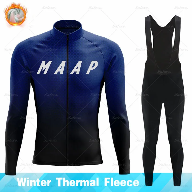 

MAAP 2023 зимний велосипедный комплект, Мужская термальная флисовая одежда с длинным рукавом для велоспорта, комплект брюк с нагрудником, одежд...