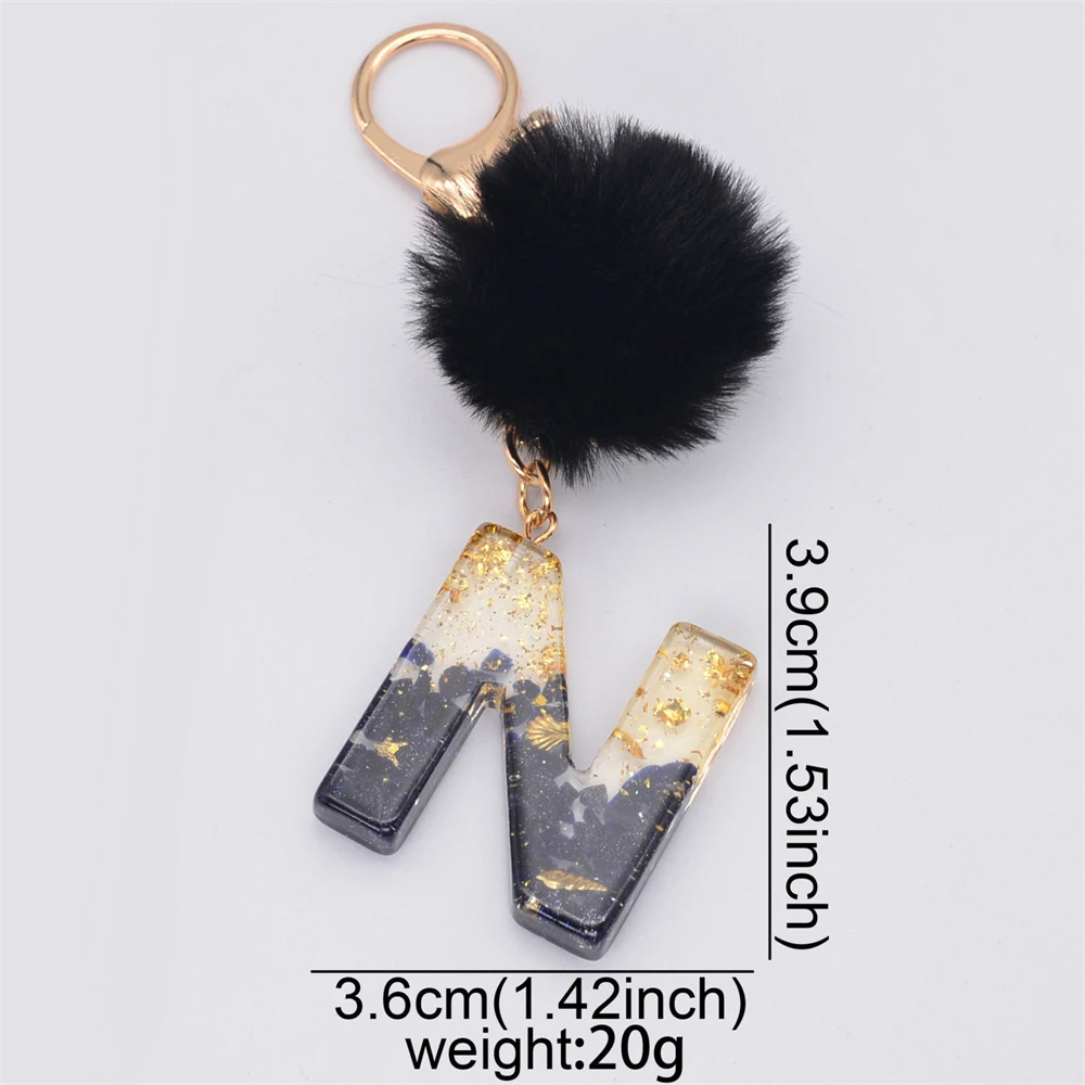 Gold Foil Black Stone Filled Letter Keychain With Pompom Women Glitter Gradient Resin Initials Alphabet Keyring Bag Pendant Gift images - 6