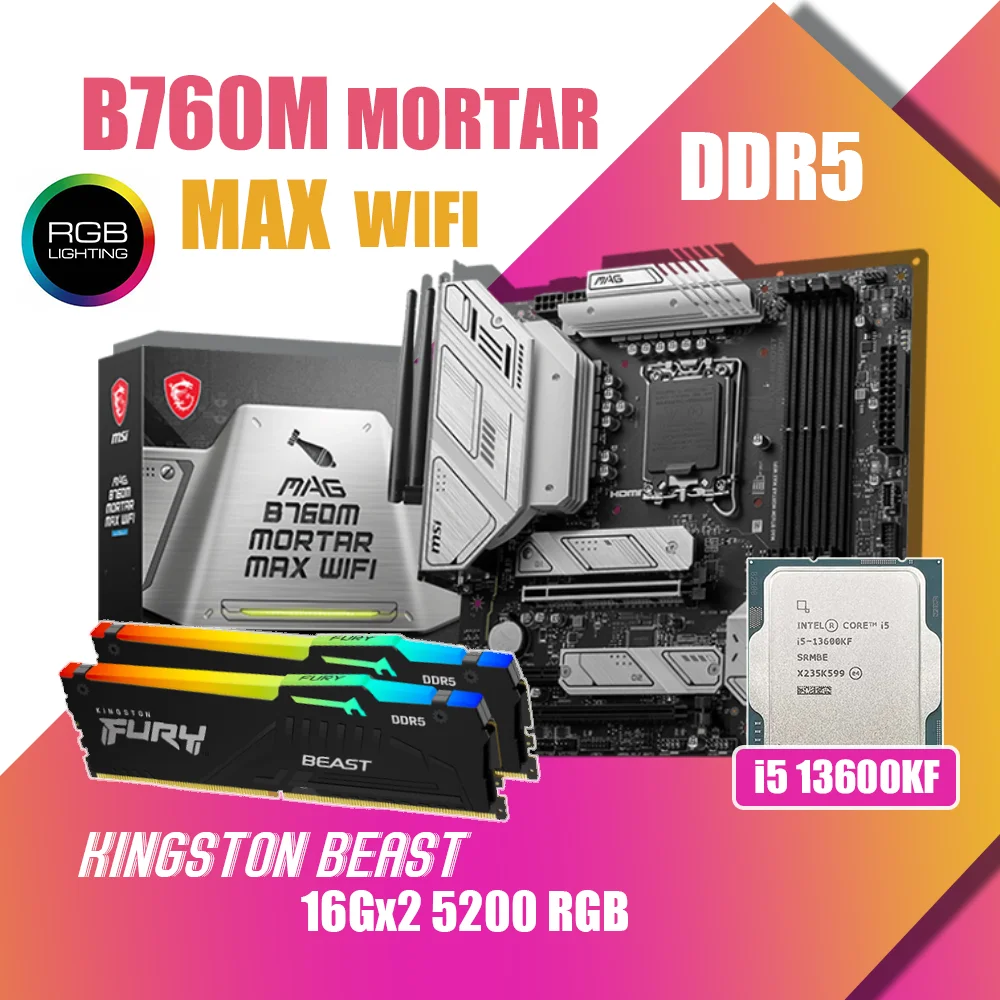 

Kit MSI MAG B760M MORTAR MAX WIFI LGA1700 Motherboard With Intel Core i5 13600KF Processor Fury DDR5 RGB 5200MHz 16G x2 Memory