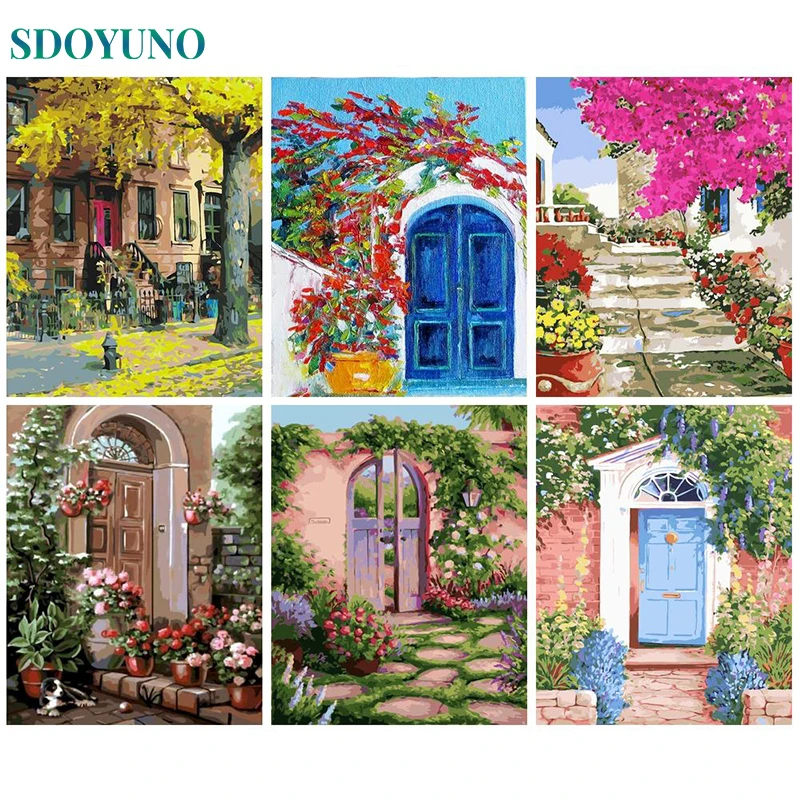 

SDOYUNO Oil Painting By Number Door Scenery With Frame On Canvas Acrylic Paint Coloring By Number Adults Kits Home Wall Decor