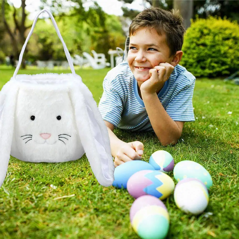 

Cute Bag Easter Bunny Basket Long Ear Plush Handbag Egg Candy Baskets Happy Easter Party Decor For Kids Round Bottom Tote B C8G7