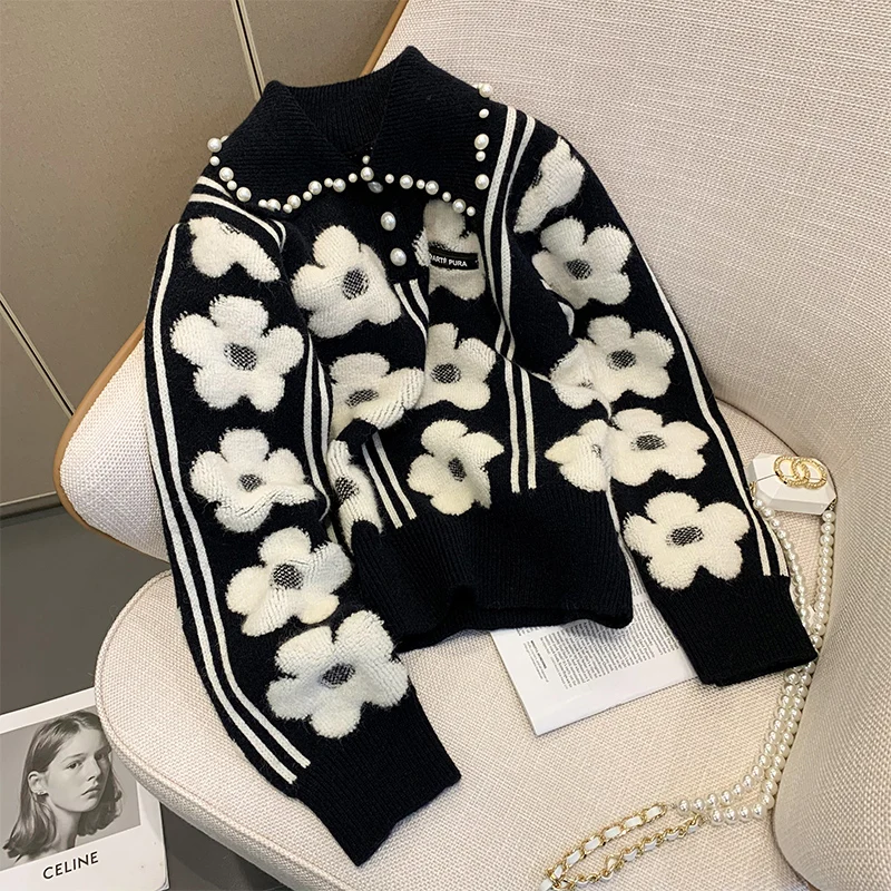 Women's Vintage Harajuku Sweater Pullovers doll collar Casual Fashion pearl trim Oversized Loose Y2K French Female Knitwear Jump