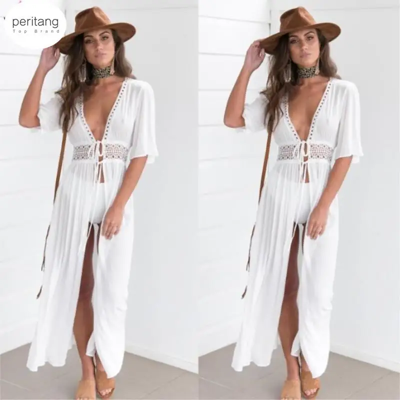 

Bikini Cover Up Beach Long Maxi Dress Women Beach Cover Up Tunic Pareo White V Neck Dress Robe Swimwear Bathing Suit Beachwear