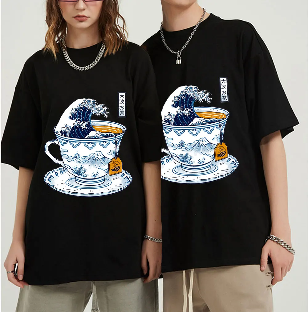 

Japanese Great Kanagawa Tea T-Shirt Men Women Wave Retro Hokusai Art Tees Plus Size Short Sleeve Oversized T Shirts Unisex Tops