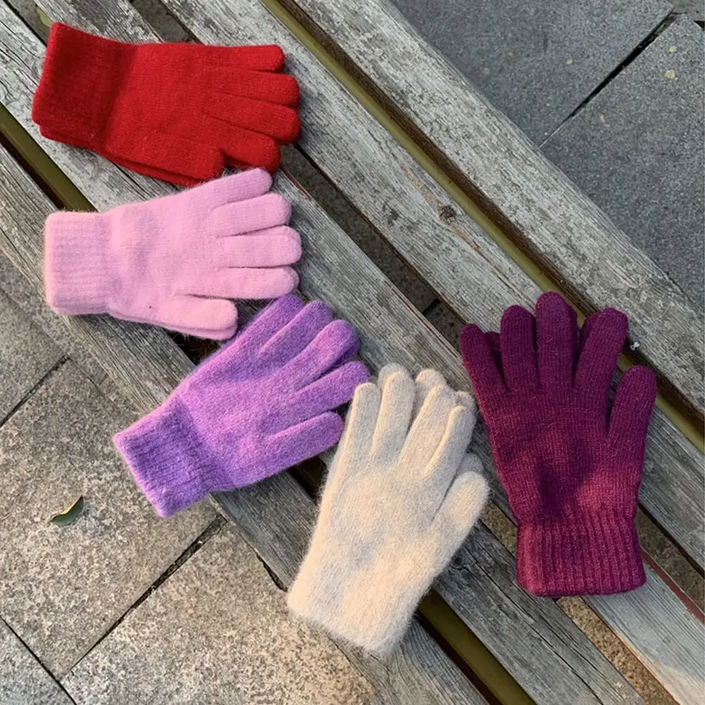 

Solid Color Woolen Mittens Women Fashion Winter Warm Knitted Full Finger Gloves Men Thick Warm Cycling Driving Elastic Gloves