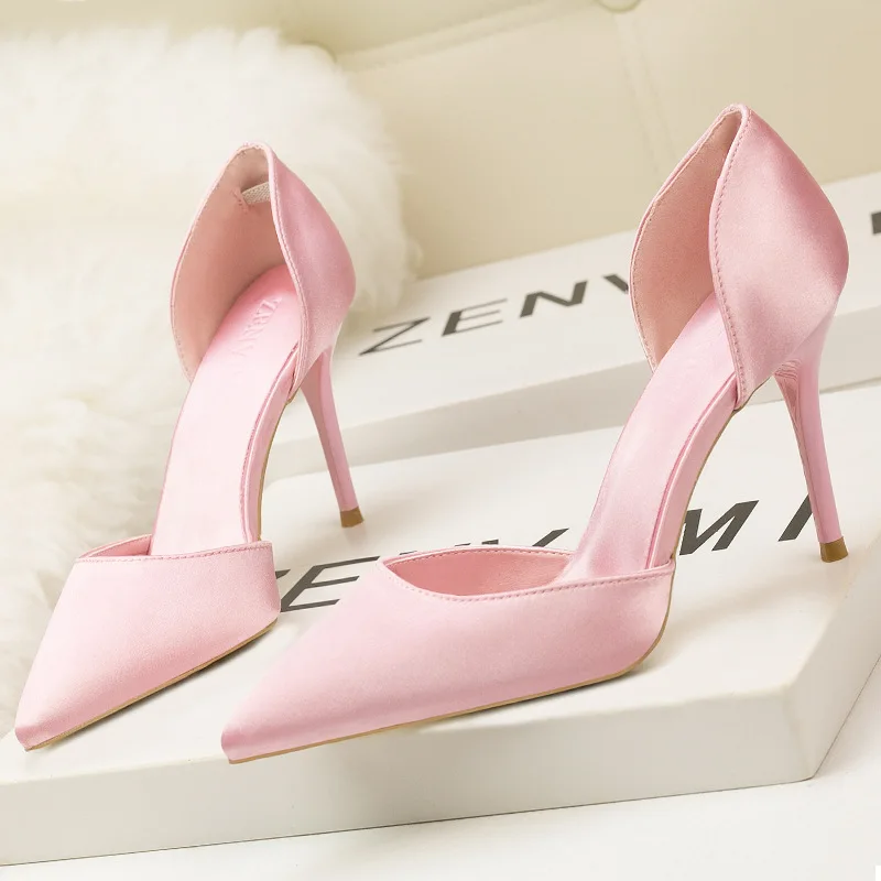 2022 Korean Elegant Solid Silk Shallow Women Sandals Black Pink High Heels Summer Pumps Pointed Sexy Hollow Office Ladies Shoes
