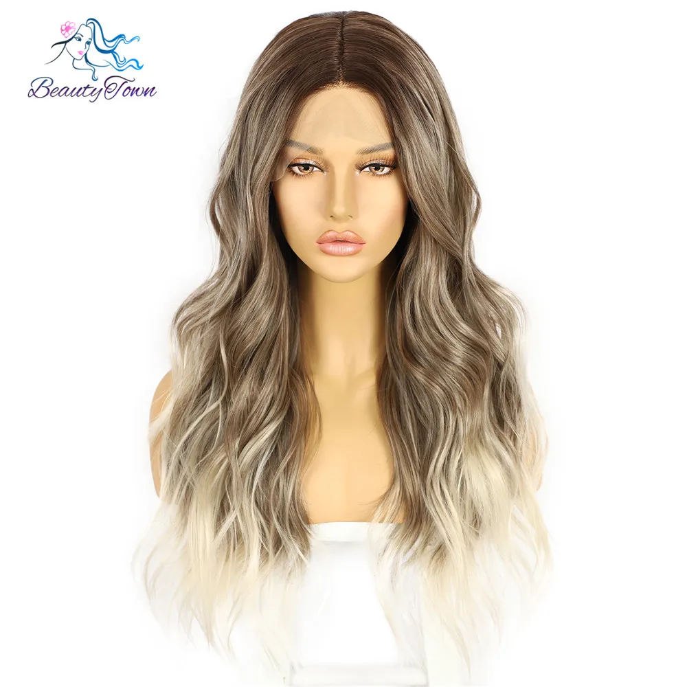 13x3 Lace Wigs Long Ombre Mixed Ash Brown Blonde Tip Women Daily Wear High Heat Hair