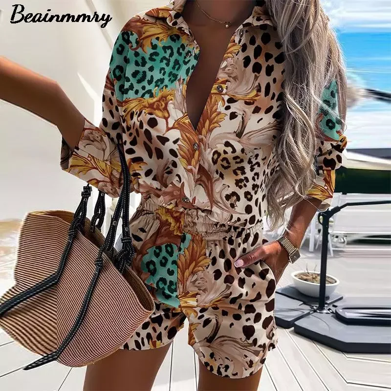 

Women Leopard Print Two Piece Sets 2021 Summer Autumn Turn Down Collar Shirt Top Short Pant Suit Lady Casual Long Sleeve Outfit