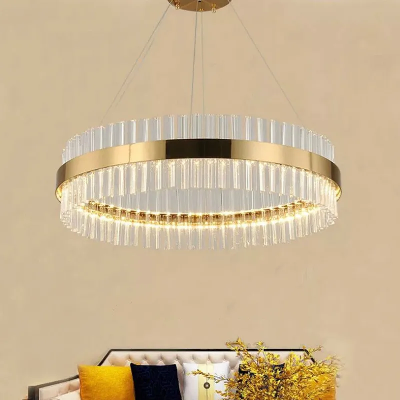 

Modern Crystal LED Chandelier Lustre Dimmable American Round Metal Luminarie Pendant Lamp Gold Crystal Living Room Suspend Light