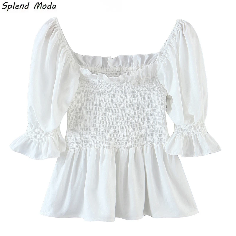 

Splend Moda Fashion Summer Casual Chic White Cotton Crop Tops Street Style Square Collar Ruffles Blouses Female Elastic Bust Top