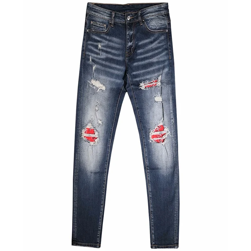 High Street Fashion Men Jeans Retro Blue Elastic Stretch Skinny Fit Ripped Jeans Men Patched Designer Hip Hop Brand Pants Hombre