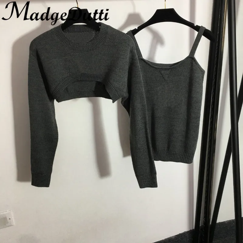 

Женский комплект из двух предметов MadgeDutti, пуловер с короткой талией и круглым вырезом, трикотажный топ с подтяжками, 12,7