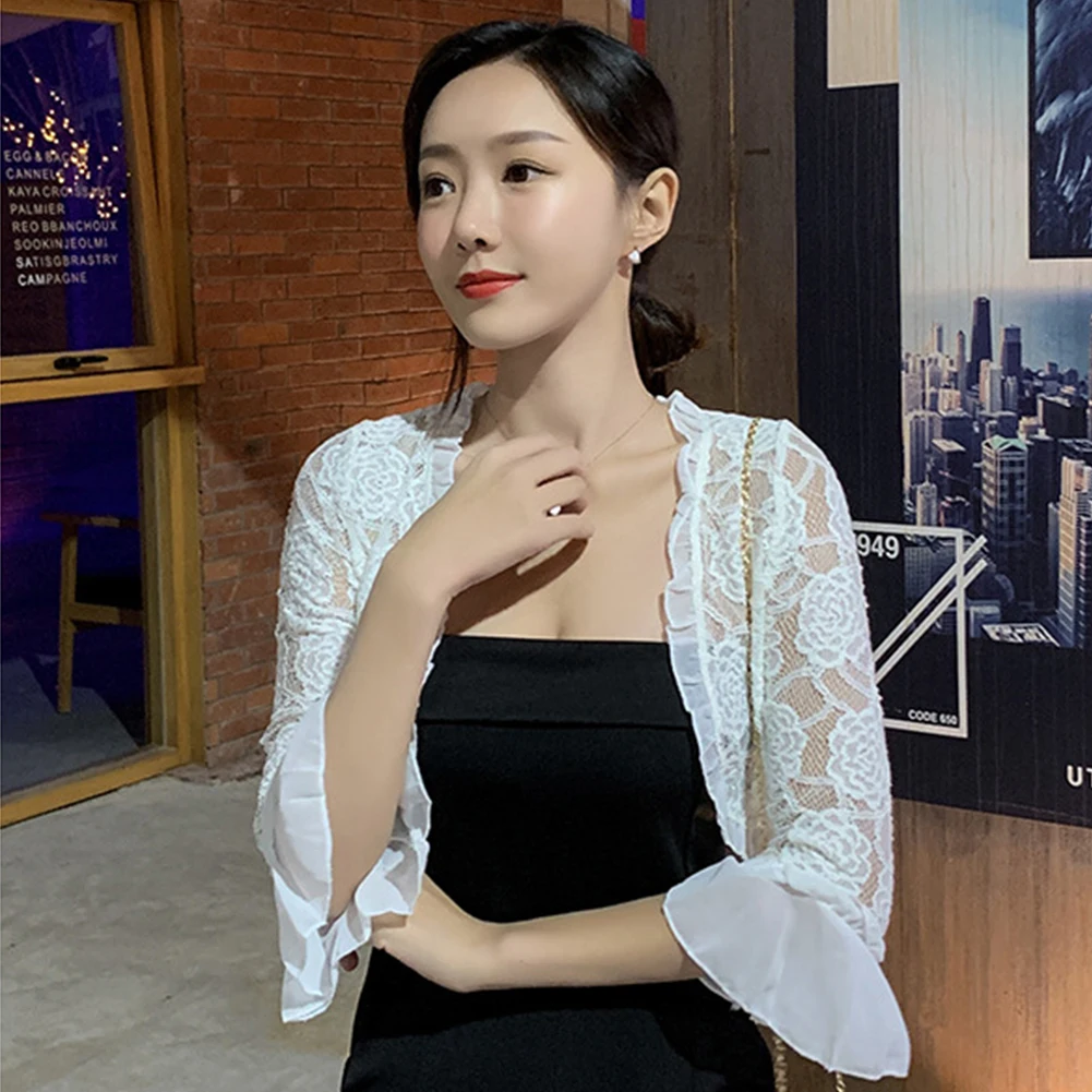 

Summer Women Cover-Ups Half Sleeve Shrug Floral Lace Bolero Solid Color Top Open Front Cropped Cardigan Female Clothing