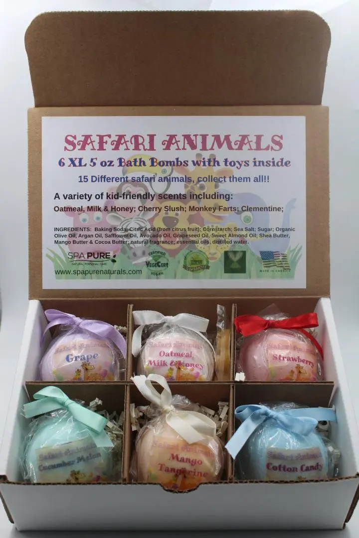

Сафари животные 6 XL Бомба для ванны с сюрпризом внутри (сафари животные) США сделано натурально органические XL 5 унций подарок для девочки