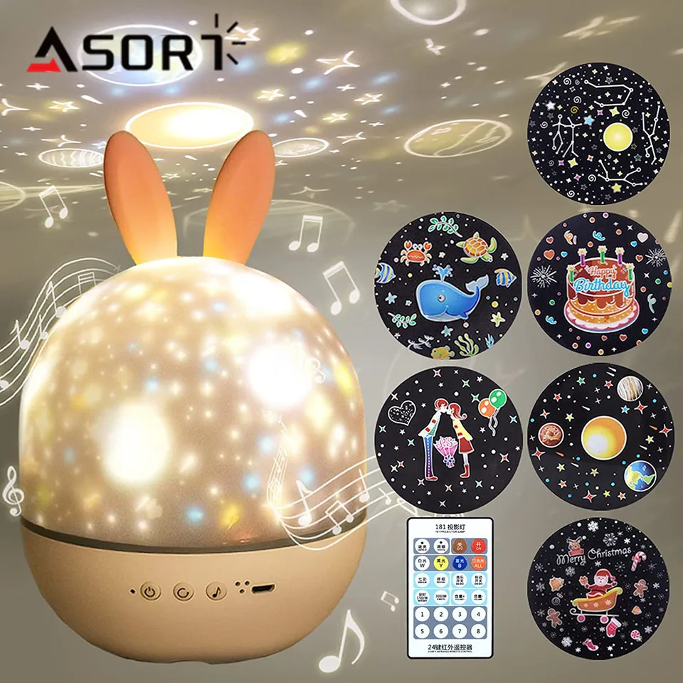 

Rotating Starry Night Light Projector with Remote Control USB Rechargeable Soothe Musics Nursery Night Light for Kids Gift