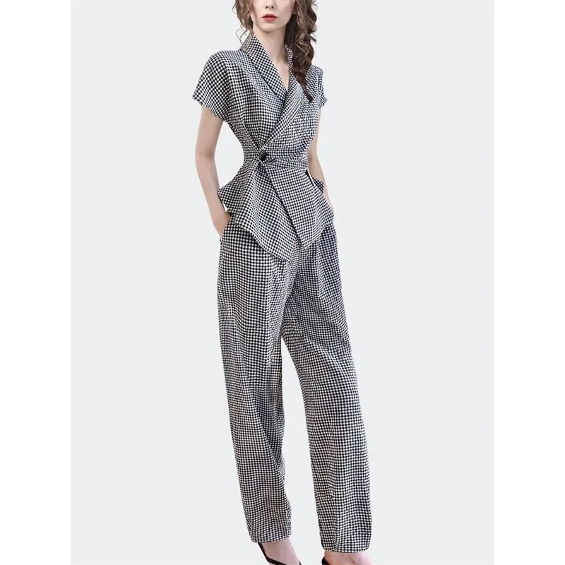 Checkered Panel Side Button Short Sleeved Jacket Blazer Casual Wide Leg Pants Two-piece Elegant Women's Pants Set Summer Office