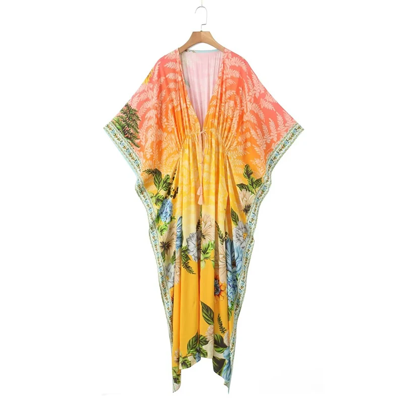 

Summer 2023 Women Vintage Oversized Printed Boho Beach Kimono Dresses Long