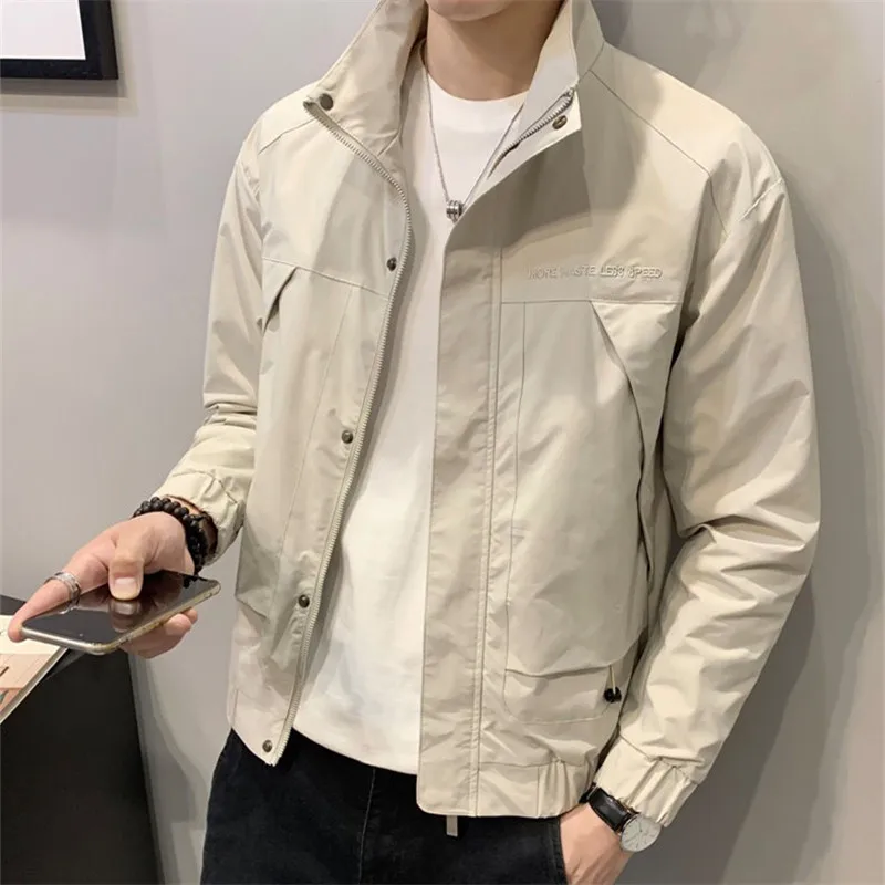 Cargo Jacket Men's Korean Stand Collar Casual Tops 2022 Spring Autumn Zipper Button Solid Coat Long Sleeve Chaqueta Hombre